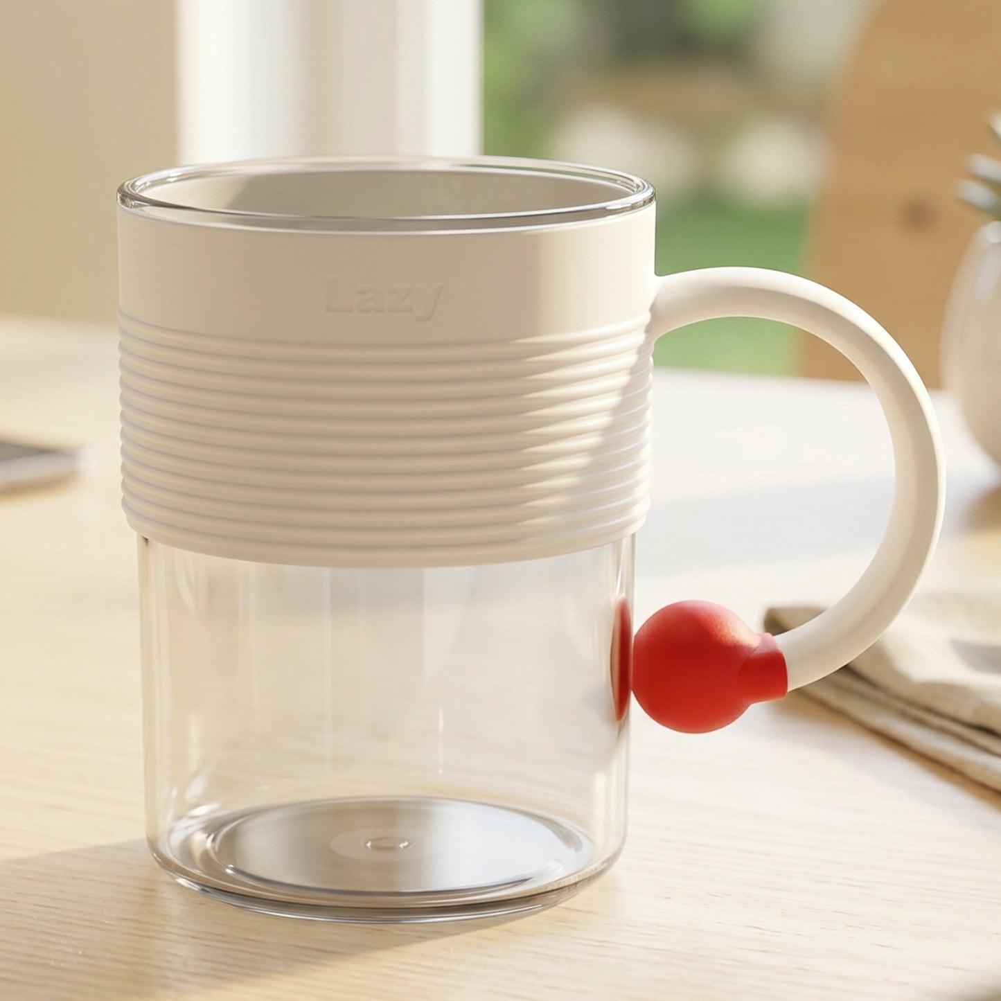 Clear plastic tea and coffee mug with ring handle by Wukusy, suitable for home or office use, showcasing the transparent design.