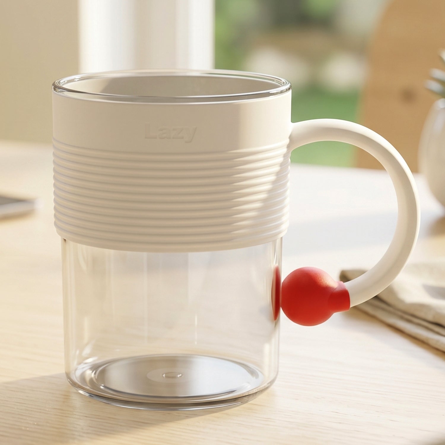 Clear plastic tea and coffee mug with ring handle by Wukusy, suitable for home or office use, showcasing the transparent design.