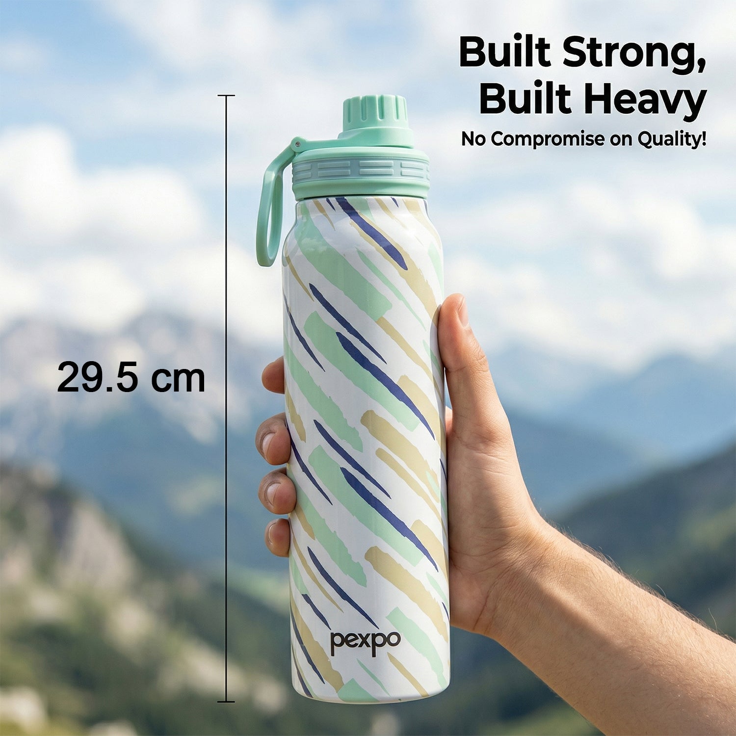 Wukusy Pexpo Austin Art stainless steel water bottle, 1000ml capacity, with colorful abstract design and secure screw-top lid