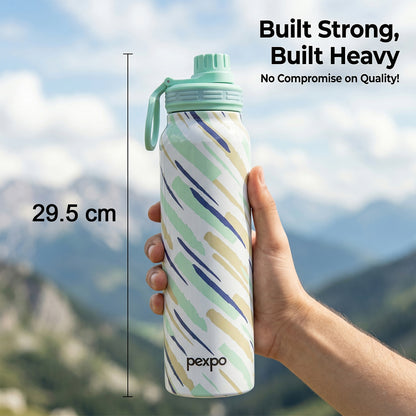Wukusy Pexpo Austin Art stainless steel water bottle, 1000ml capacity, with colorful abstract design and secure screw-top lid