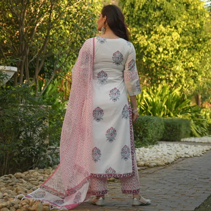 White printed cotton kurta and pant set for women, featuring a comfortable and stylish traditional outfit from Alvami.