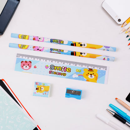 Wukusy 5-piece wooden pencil set with colorful pencils, eraser, and sharpener, ideal for school kids and educational stationery.