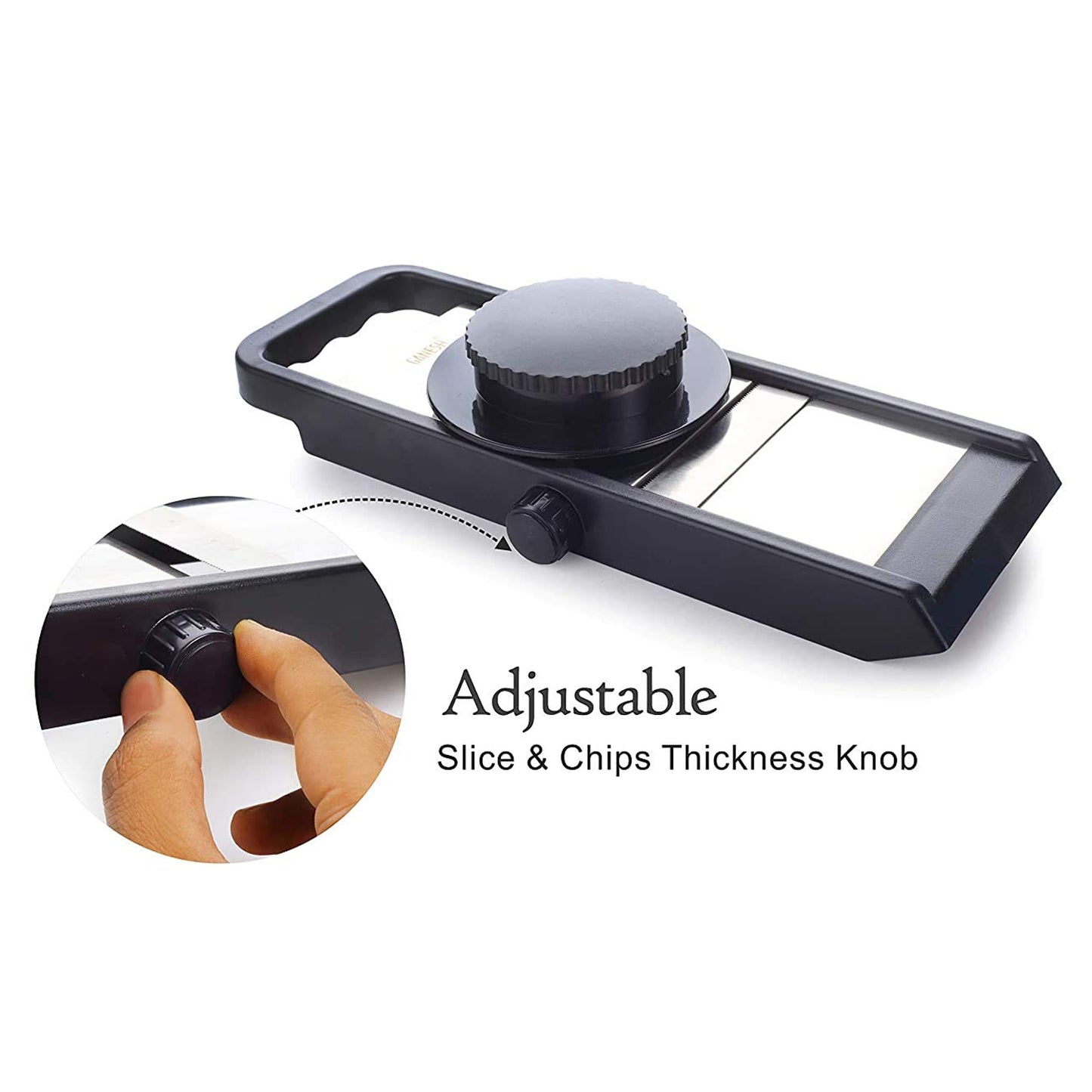 Wukusy 8120 Ganesh adjustable plastic slicer in black and silver, compact kitchen tool for precise slicing.
