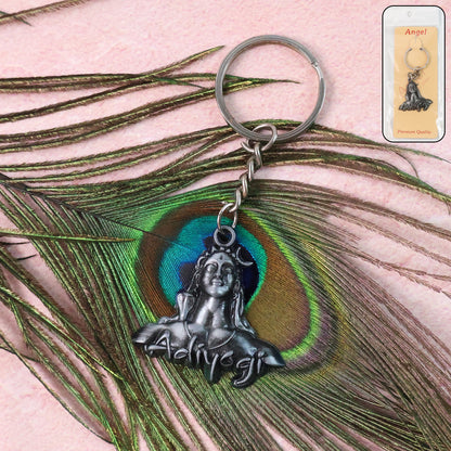 Wukusy Adiyogi Shiva face metal keychain with detailed sculpture, perfect for attaching to keys or bags.