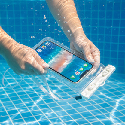 White waterproof phone pouch bag by Wukusy, designed to protect mobile devices from water and moisture.