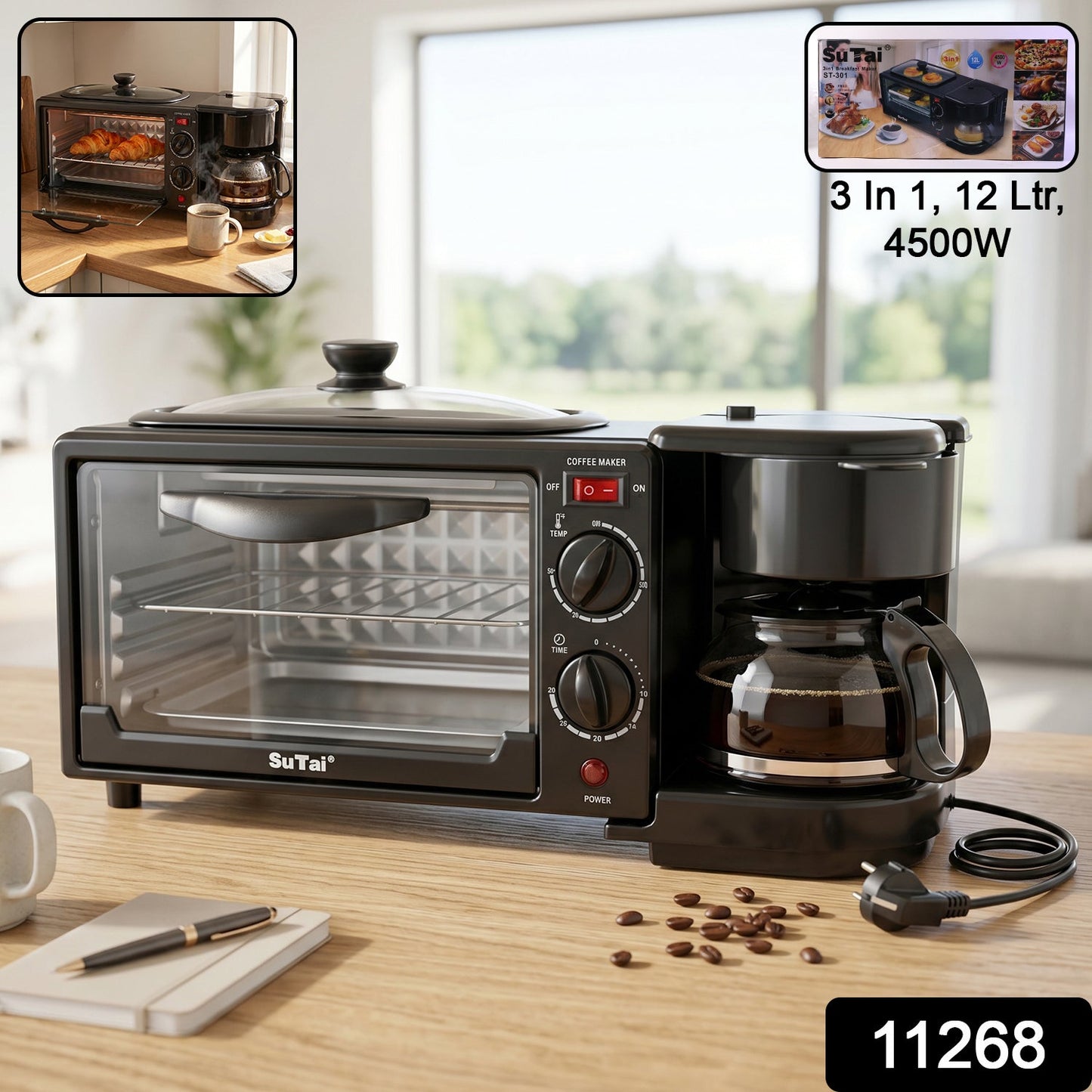 Wukusy Suta 3-in-1 breakfast maker with compact design, featuring toaster, coffee maker, and egg cooker in a multi-functional kitchen appliance.