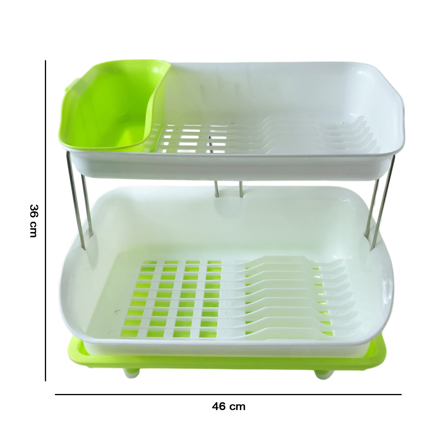 Wukusy Prexo 2-layer kitchen dish drying rack with drain tray, showing stainless steel and plastic design, holding dishes and utensils.