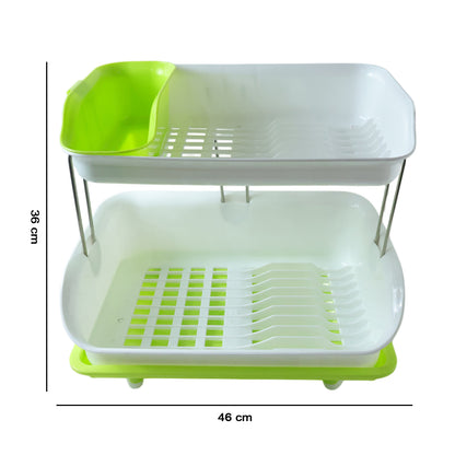 Wukusy Prexo 2-layer kitchen dish drying rack with drain tray, showing stainless steel and plastic design, holding dishes and utensils.