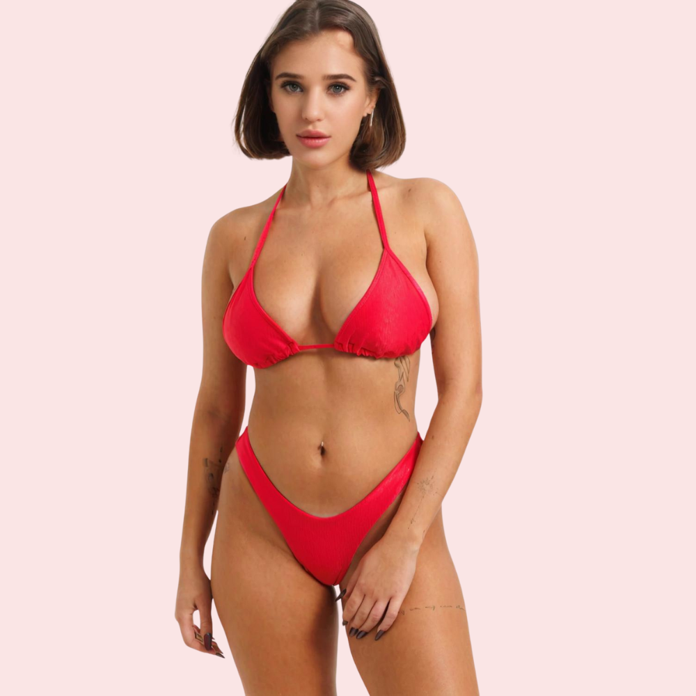 Snazzyway sizzling red classic triangle halter bikini top with adjustable straps and supportive design, suitable for swimwear.