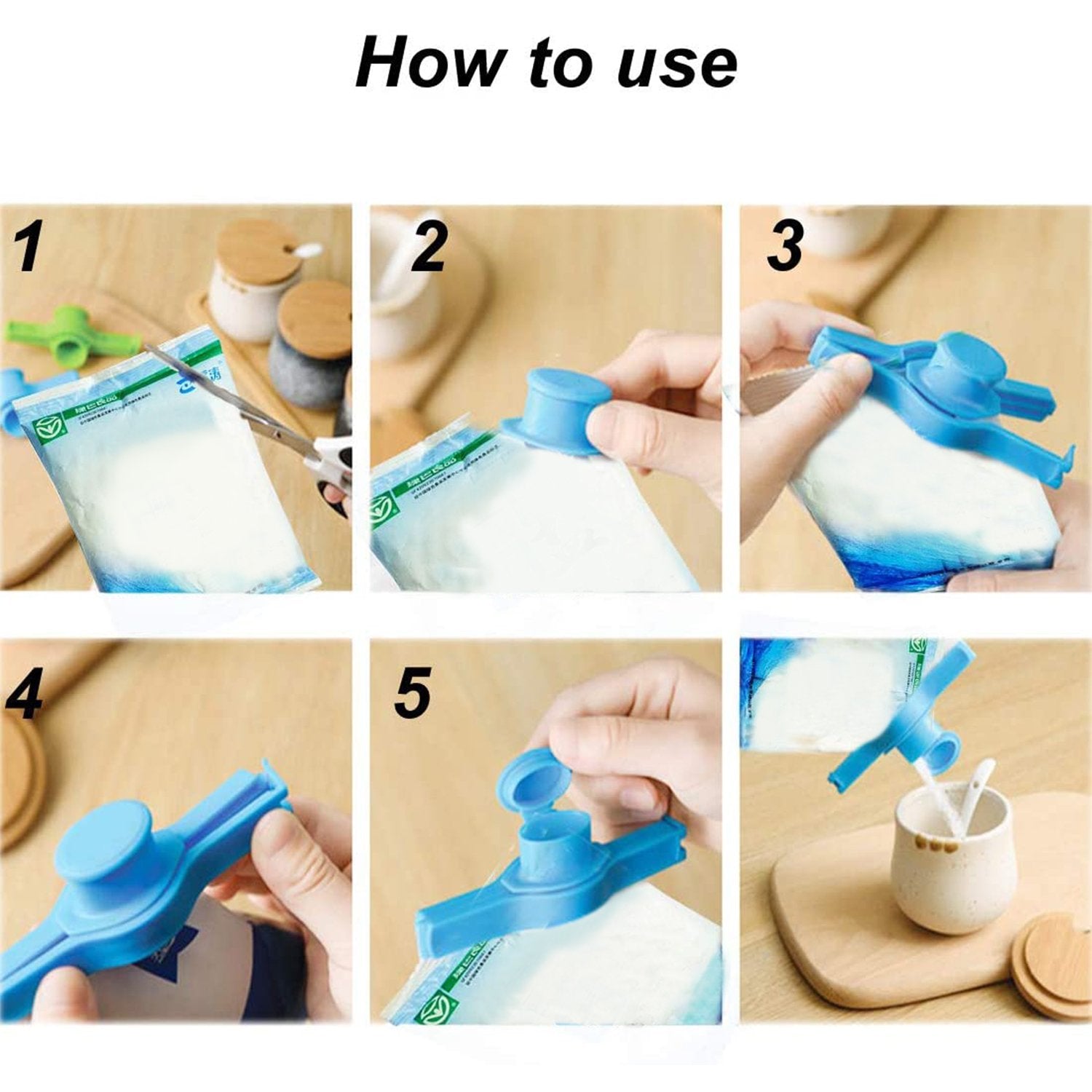 Wukusy food bag clip seal for kitchen storage, designed to seal and pour food bags securely, keeping contents fresh.