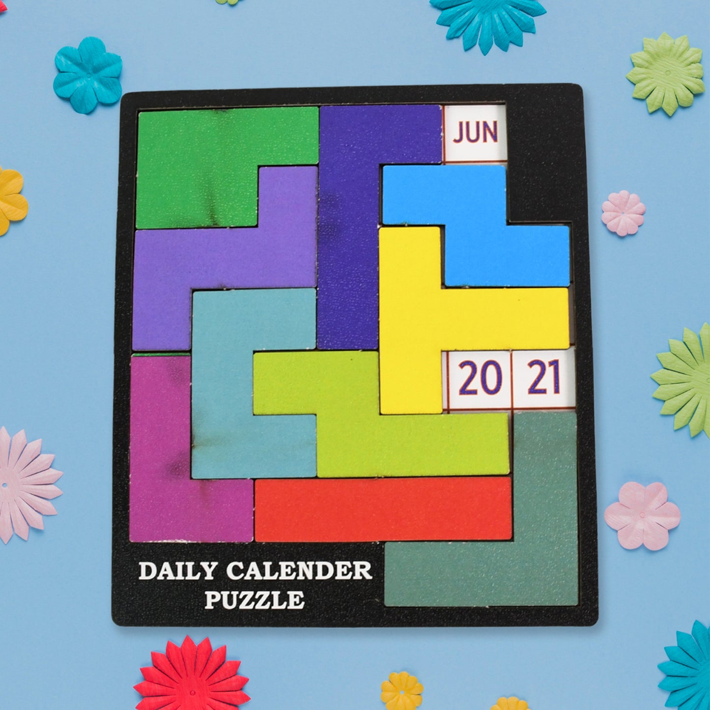 Colorful wooden daily calendar puzzle toy by Wukusy, featuring multicolored interlocking pieces for educational play.