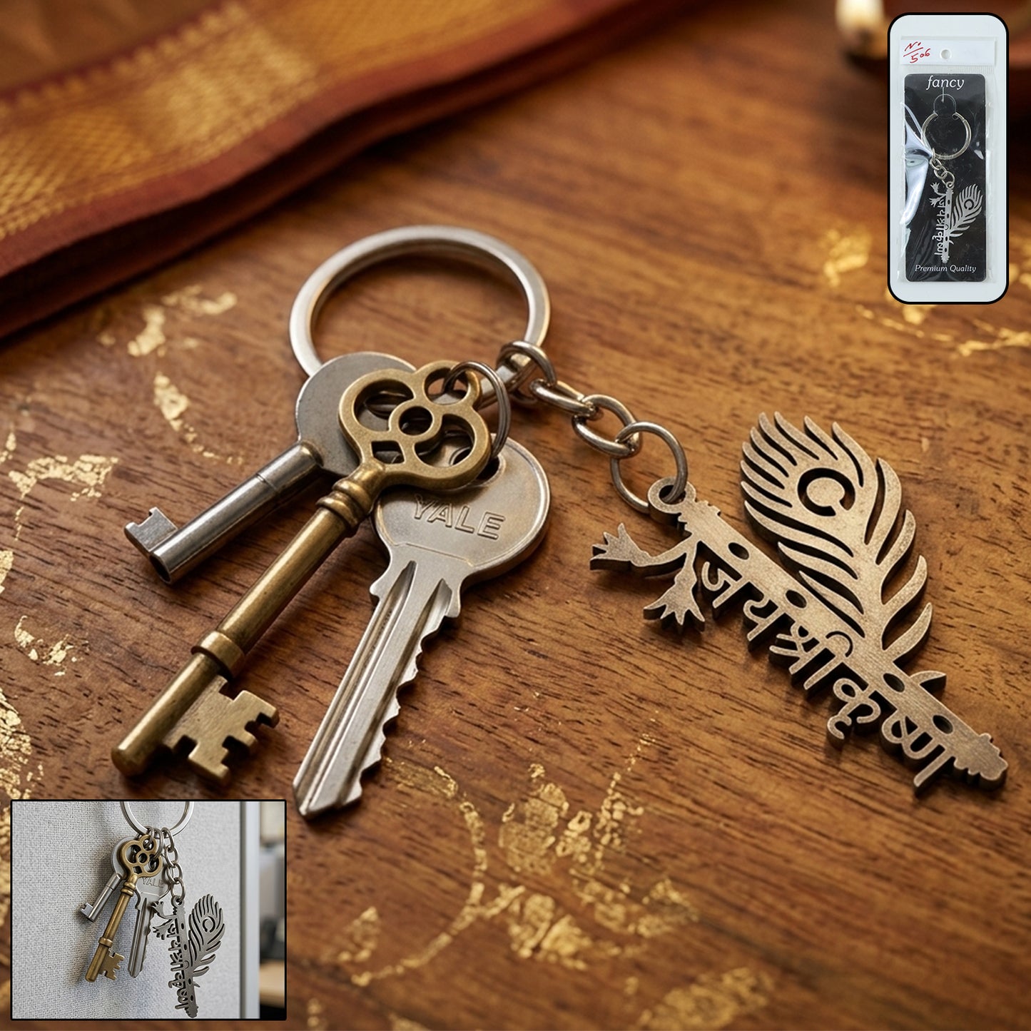 Wukusy metal flute Krishna keychain featuring a detailed miniature flute and Krishna figure, perfect for decorative accessories.