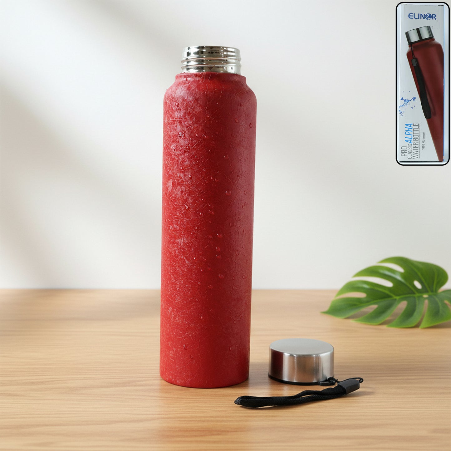 Red Alpha Pro Classic stainless steel water bottle by Wukusy, 1000 ml capacity, with a sleek red finish and durable design