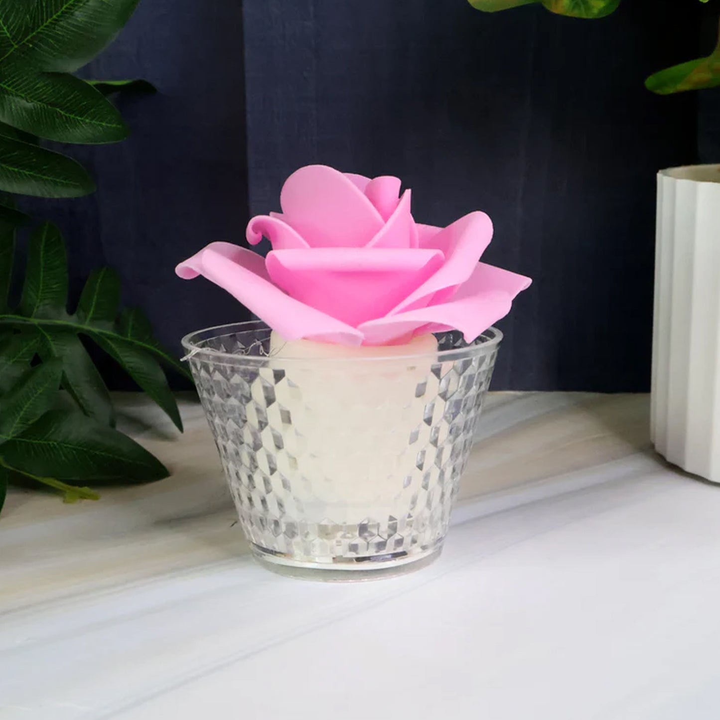 Set of six Wukusy LED rose flower flameless tealight candles for home decor, featuring realistic rose design and warm glowing light.