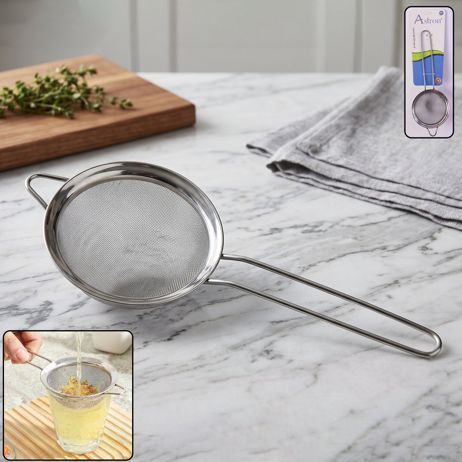Wukusy stainless steel tea strainer with fine mesh and long handle for filtering loose tea leaves in kitchen.