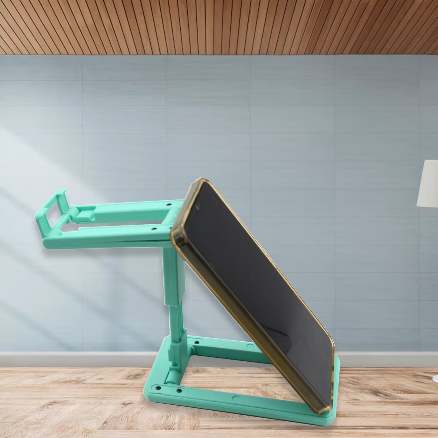 Wukusy mobile phone stand holder with adjustable angle and height, foldable and non-slip, suitable for all smartphones on a desk.