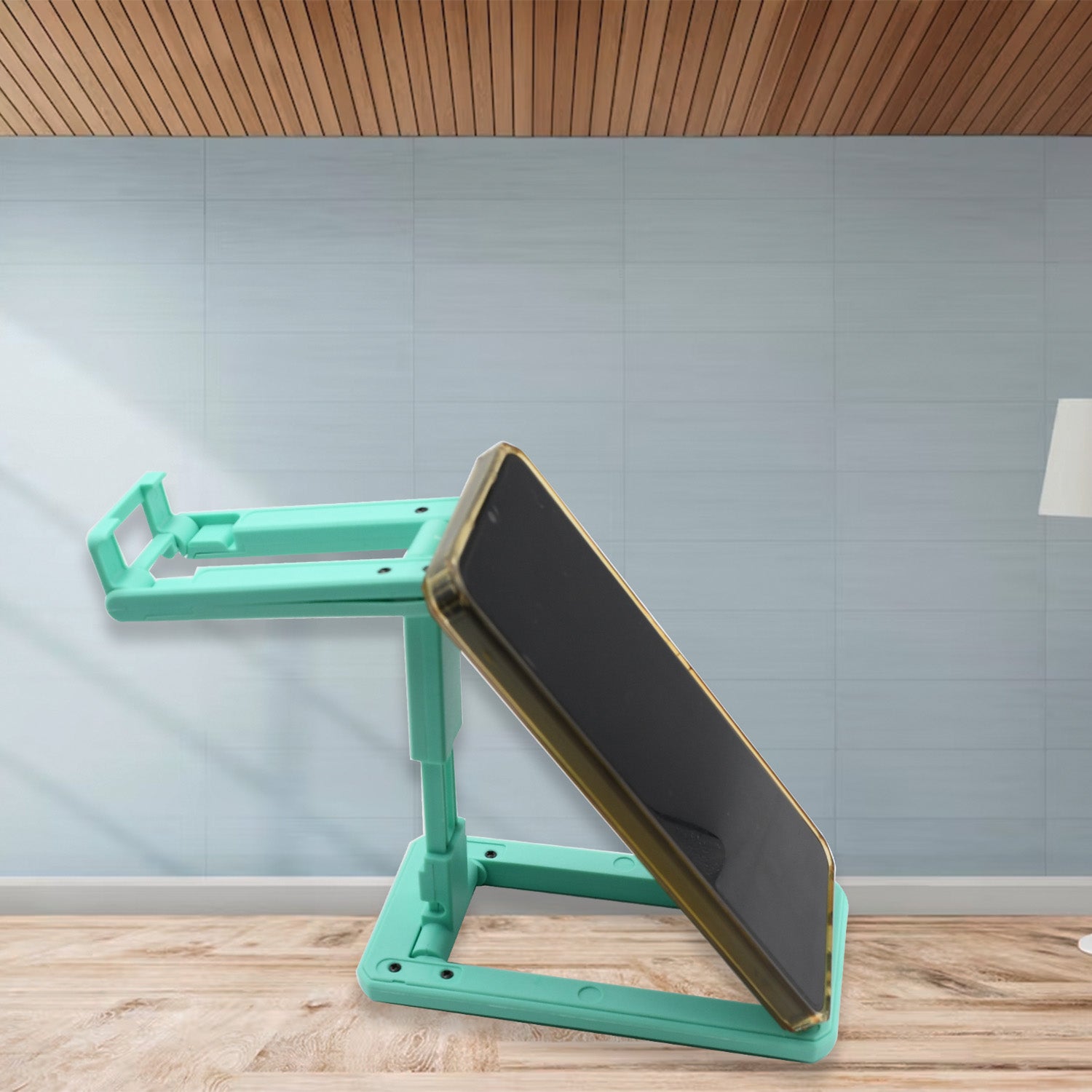 Wukusy mobile phone stand holder with adjustable angle and height, foldable and non-slip, suitable for all smartphones on a desk.