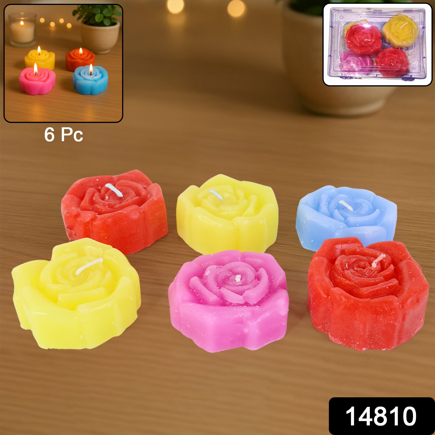 Set of six rose-shaped wax candles by Wukusy, perfect for home decor, with detailed petal designs and soft pink hues