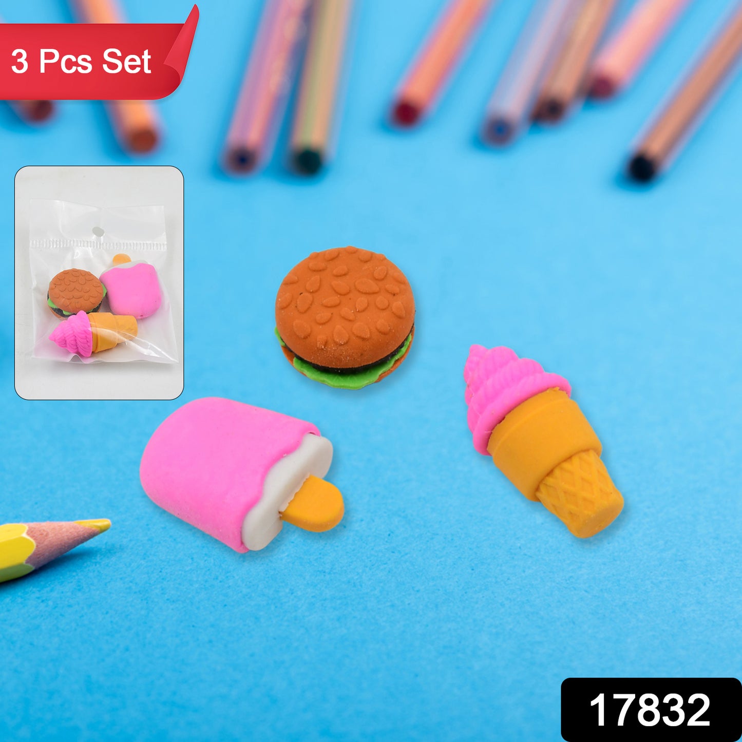 Set of three colorful Wukusy mix design fancy erasers with stylish patterns for office or school use.