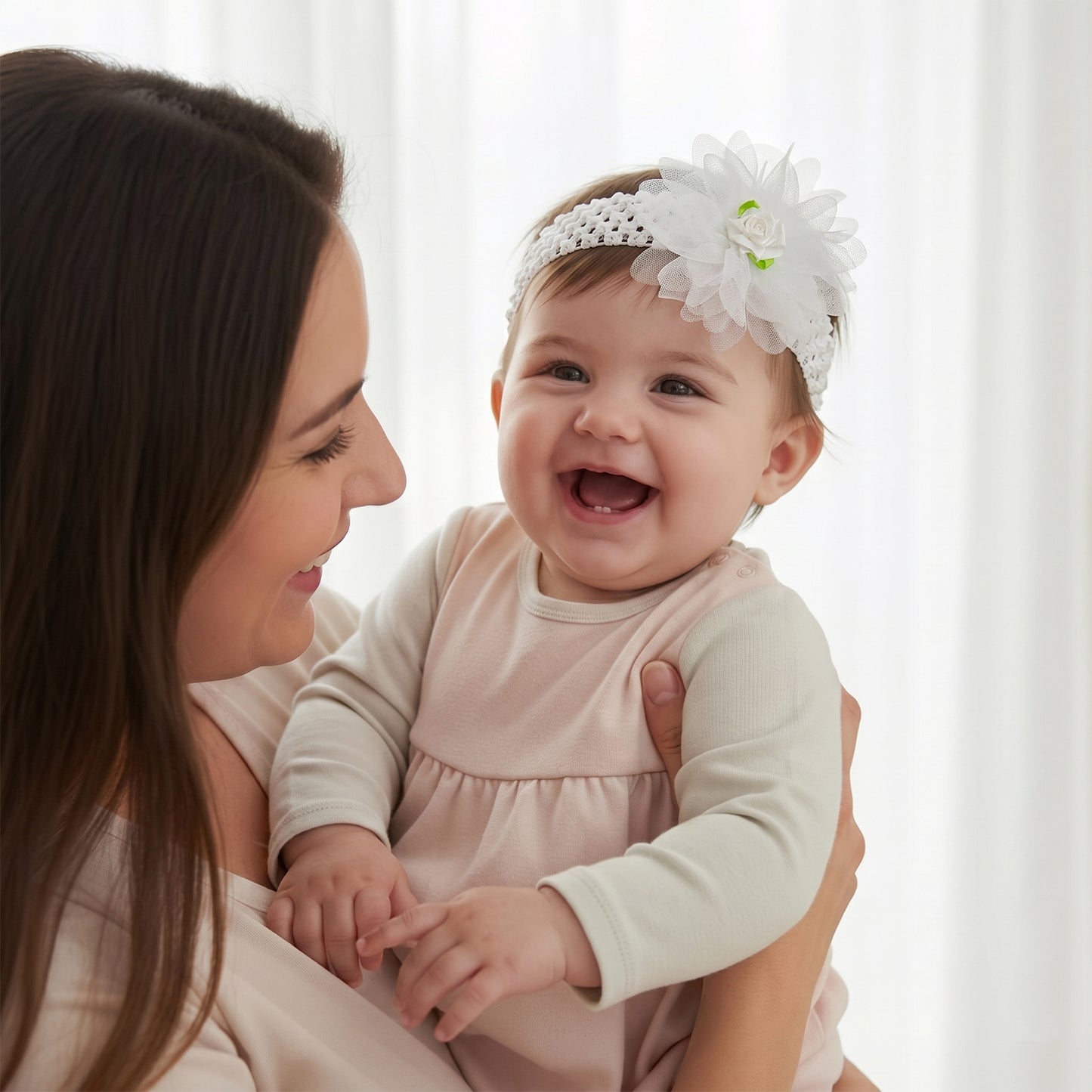 Soft elastic floral baby headband by Wukusy with colorful fabric flowers, stretchable and stylish for infants and toddlers.