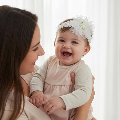 Soft elastic floral baby headband by Wukusy with colorful fabric flowers, stretchable and stylish for infants and toddlers.