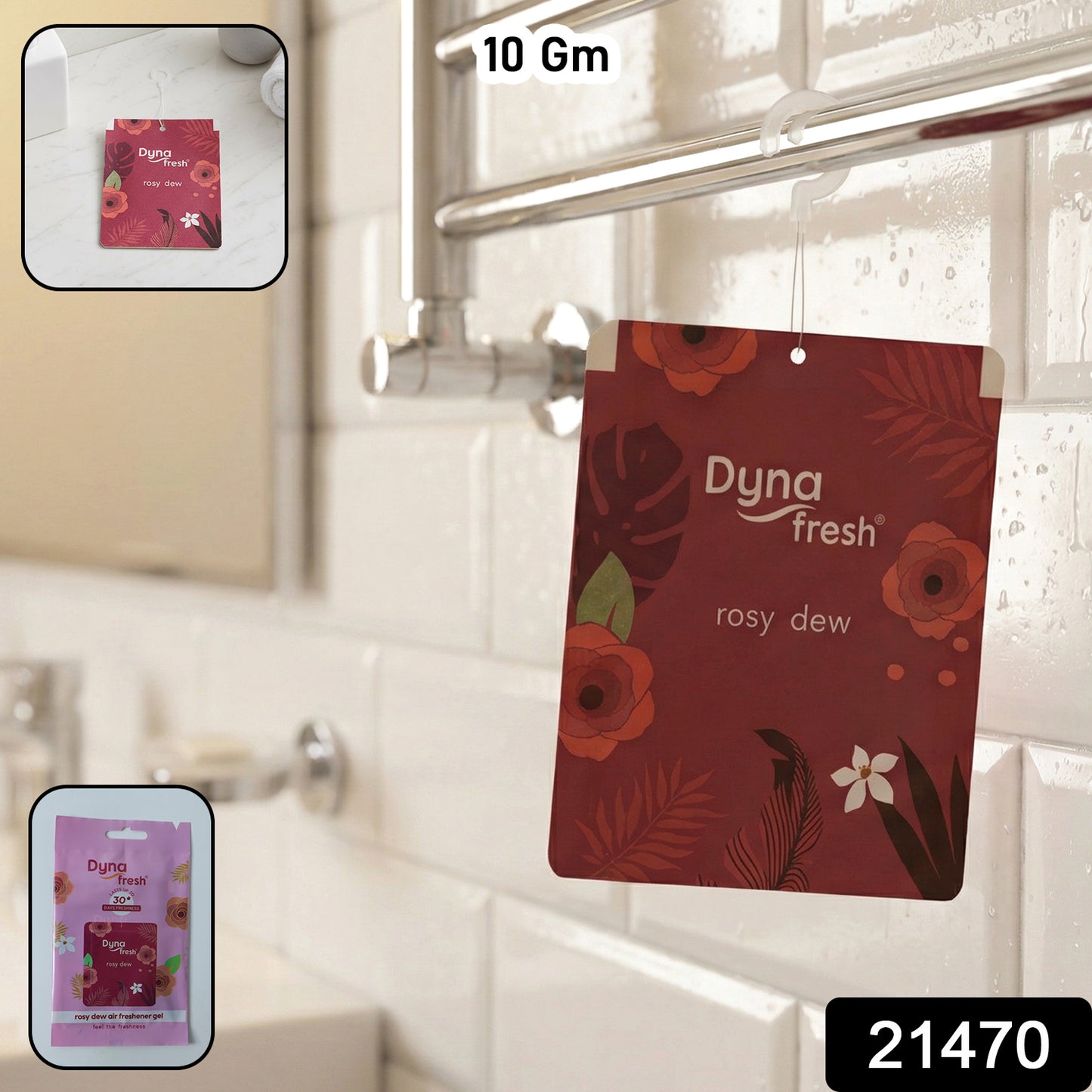 Wukusy Rosy Dew hanging air freshener gel, 10g, with pink and floral design, hanging from a hook for fresh indoor scent