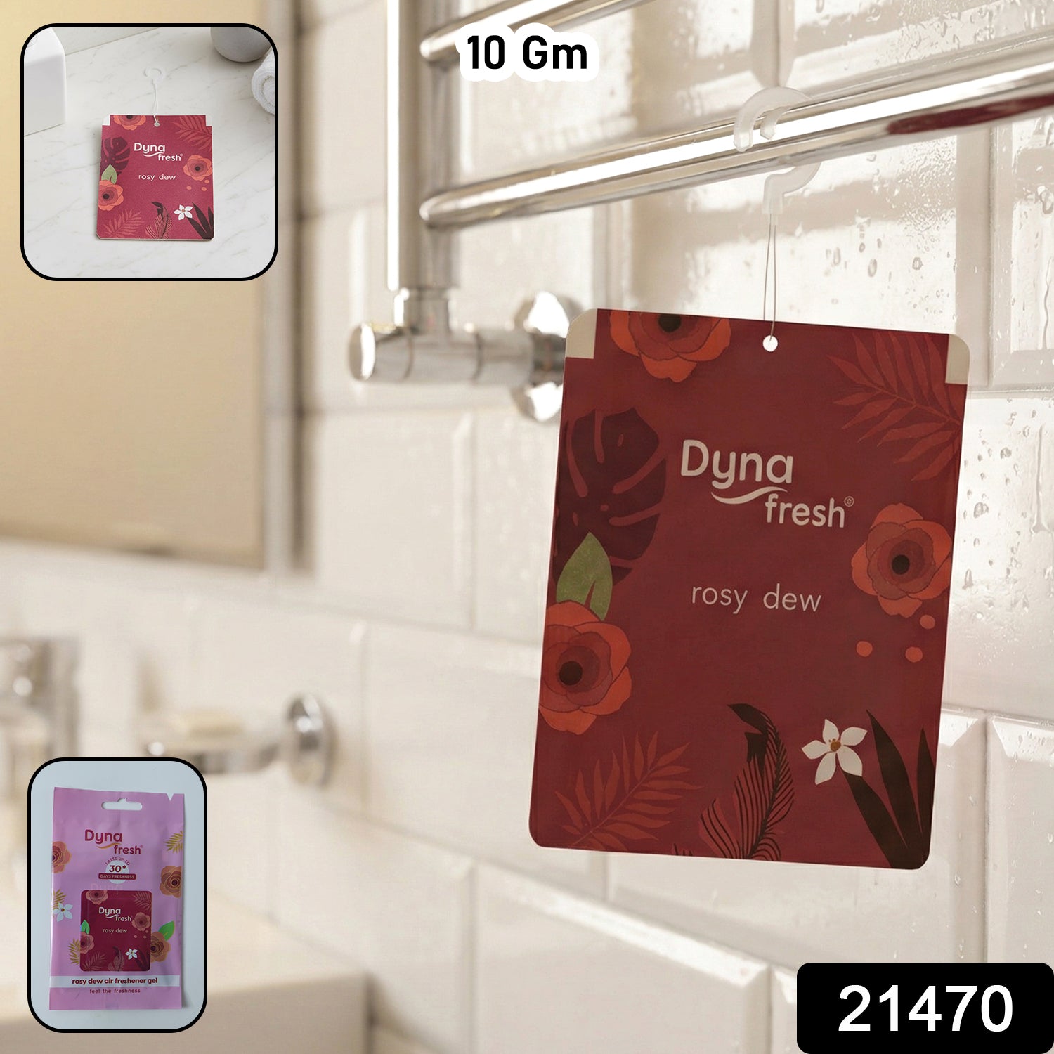 Wukusy Rosy Dew hanging air freshener gel, 10g, with pink and floral design, hanging from a hook for fresh indoor scent