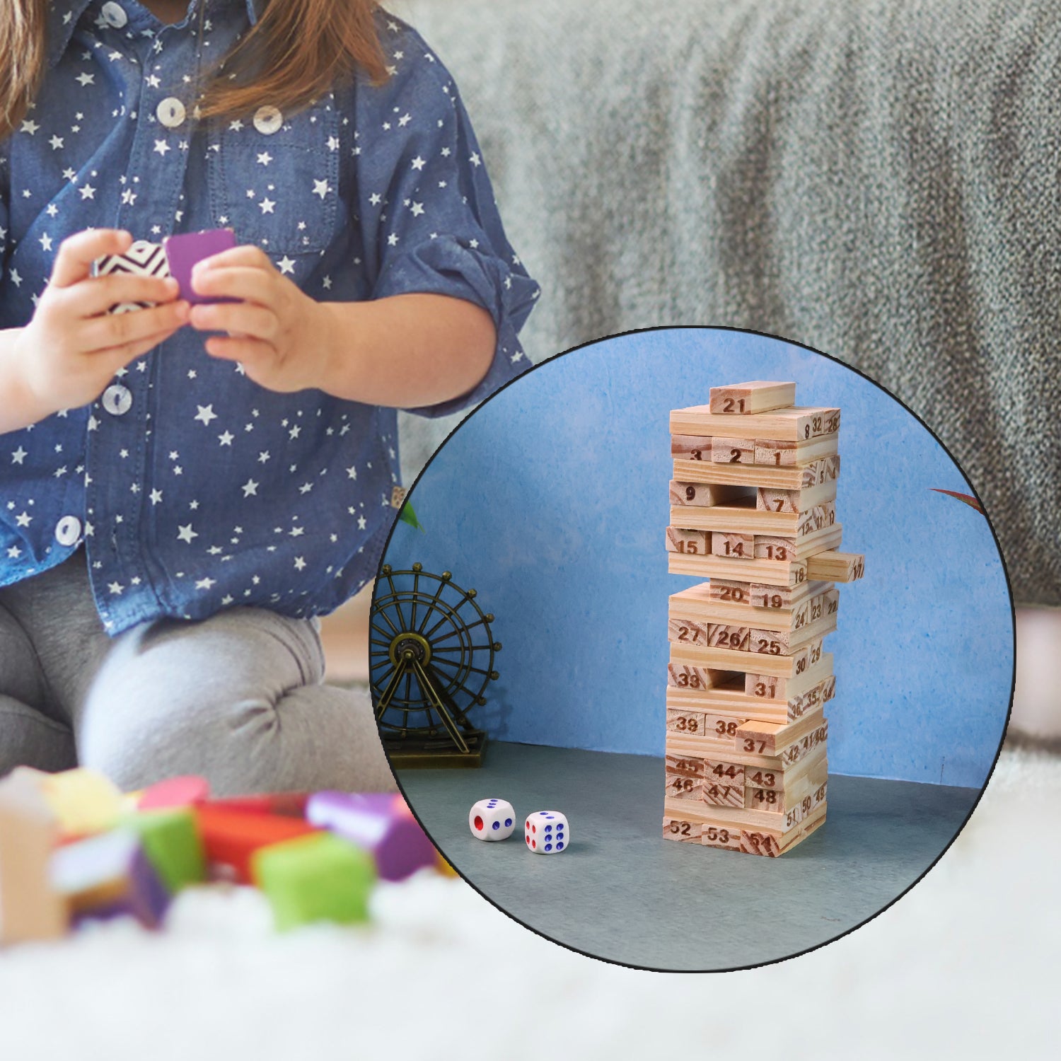 Wooden Tumbling Tower game set by Wukusy, featuring stacked wooden blocks for fun stacking and balancing gameplay.