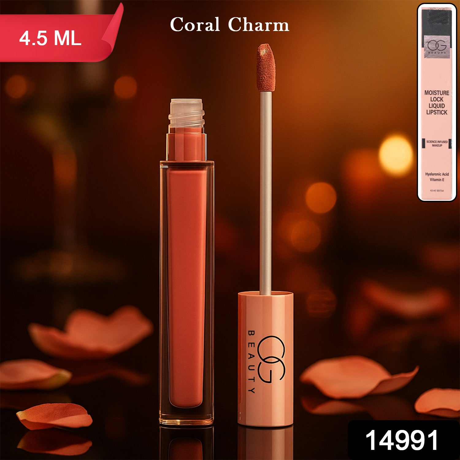 Wukusy OG Beauty Coral Charm Moisture Lock Liquid Lipstick in 4.5ml, featuring a vibrant coral shade and sleek applicator.