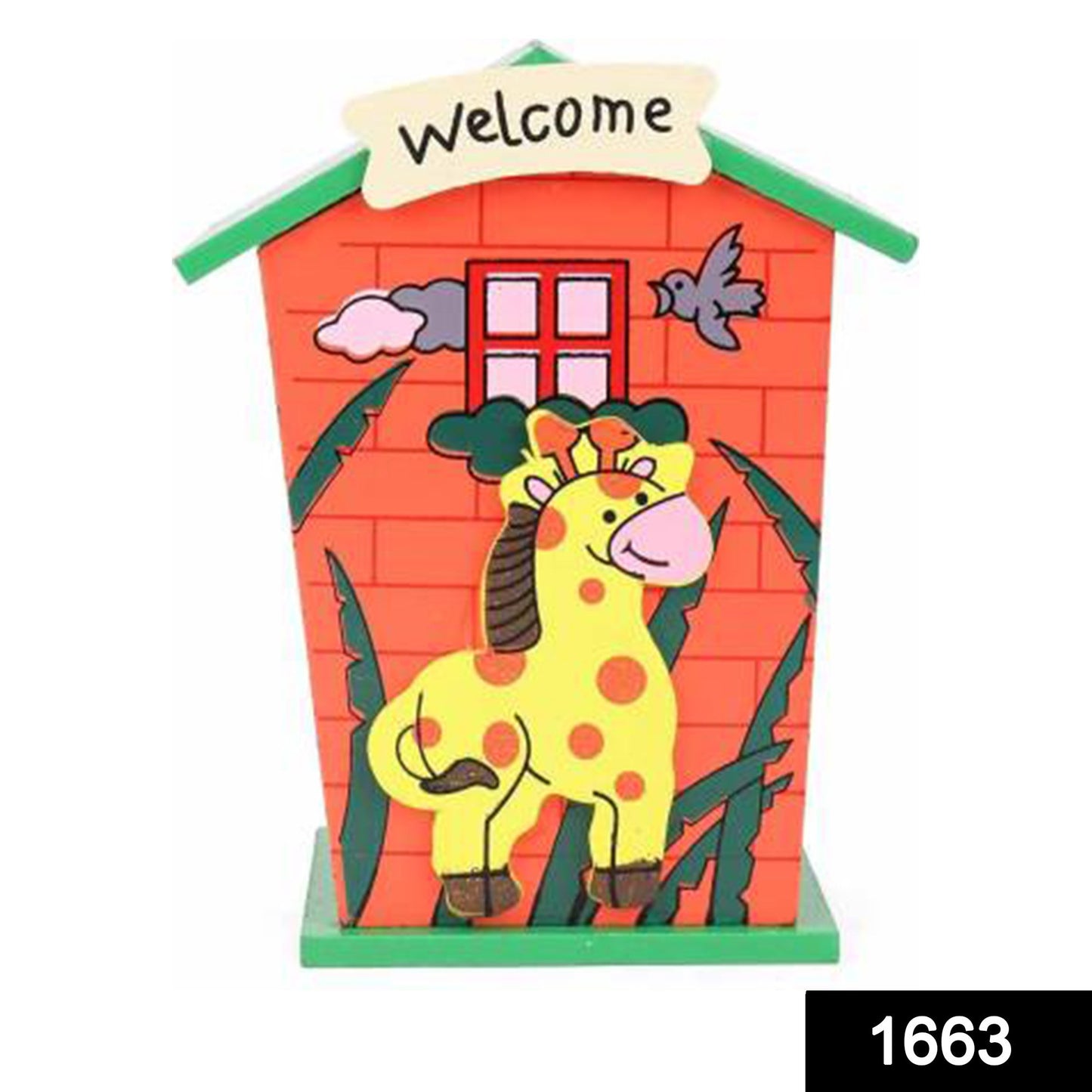 Wooden cartoon house-shaped piggy bank by Wukusy featuring a cute, colorful house design for saving coins and money.