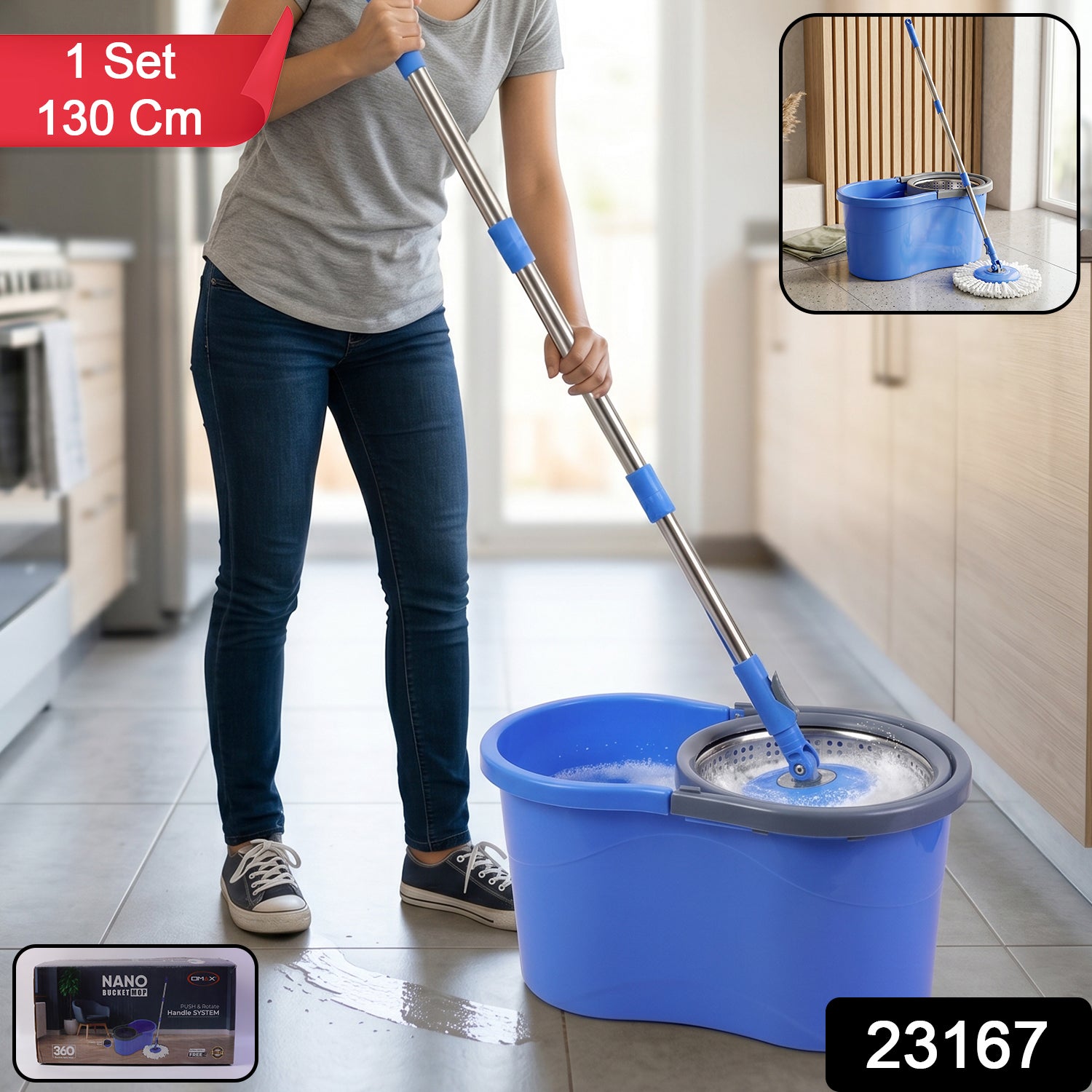 Wukusy 360-degree spin mop set with bucket and 130 cm handle, featuring a flexible mop head for easy cleaning.