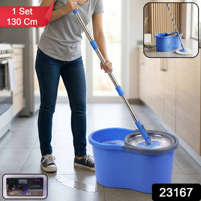 Wukusy 360-degree spin mop set with bucket and 130 cm handle, featuring a flexible mop head for easy cleaning.