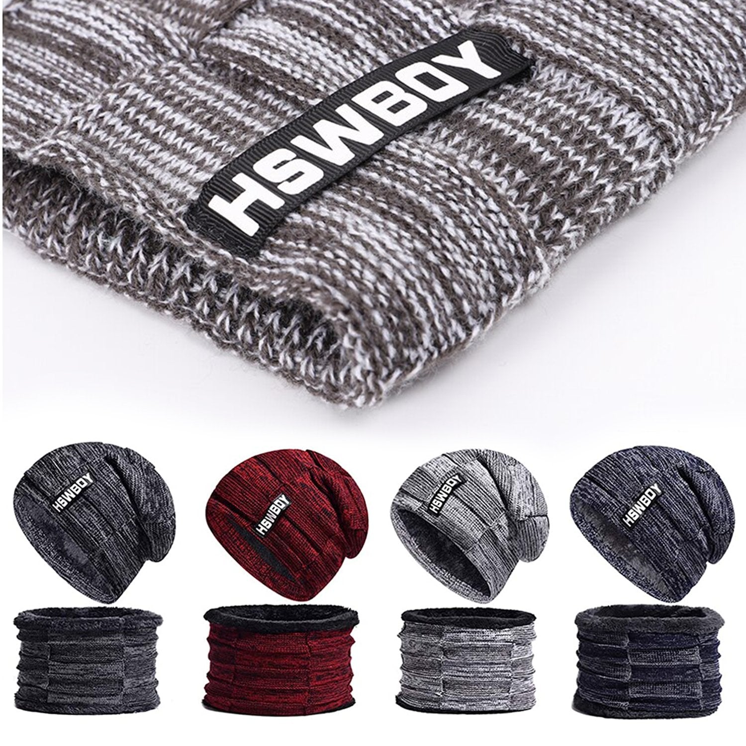Wukusy 6066 ultra-soft unisex woollen beanie cap and muffler scarf set, featuring cozy knit fabric in neutral tones.