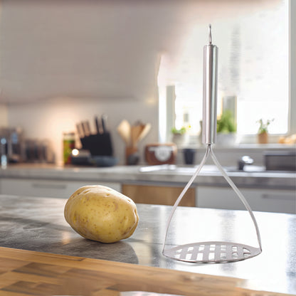 Wukusy Supermom stainless steel potato masher with stylish handle for kitchen use, featuring a durable design and ergonomic grip.