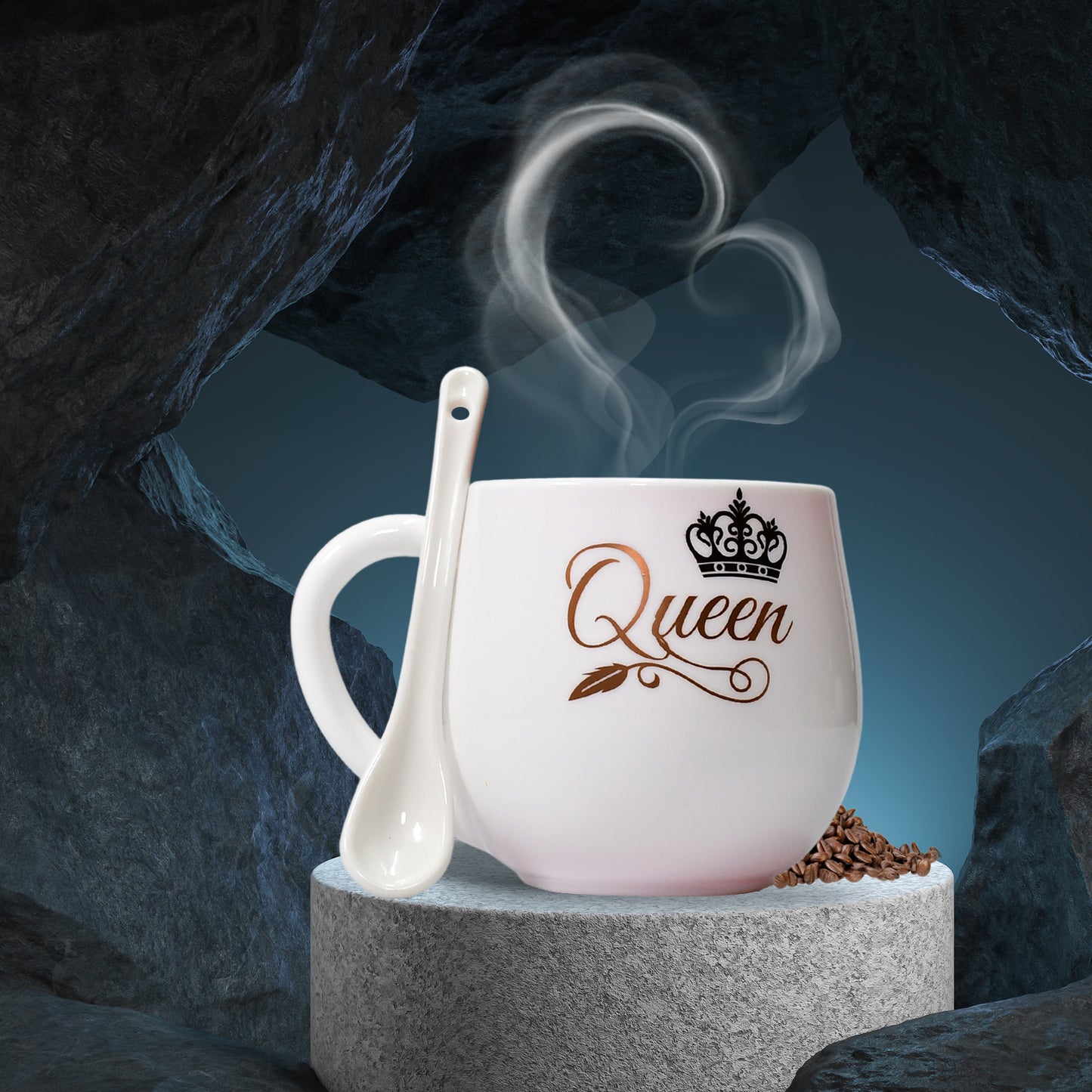 Wukusy 4975 ceramic multi-design coffee mug with spoon in box packaging, microwave safe, ideal for tea and coffee gifts