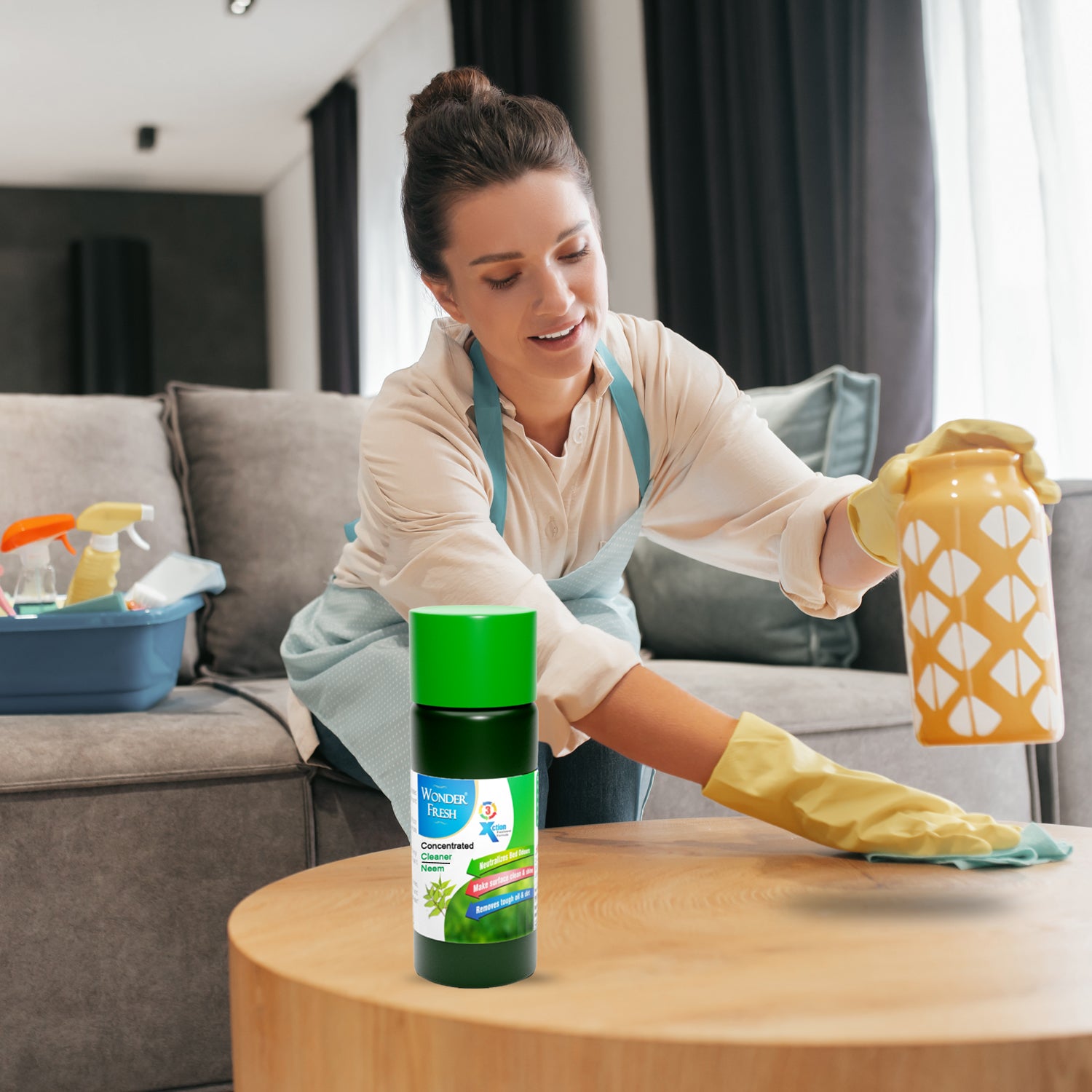 Wukusy 6288 Mop Floor Surface Cleaner Liquid with disinfectant and insect repellent, shown in a cleaning setting.