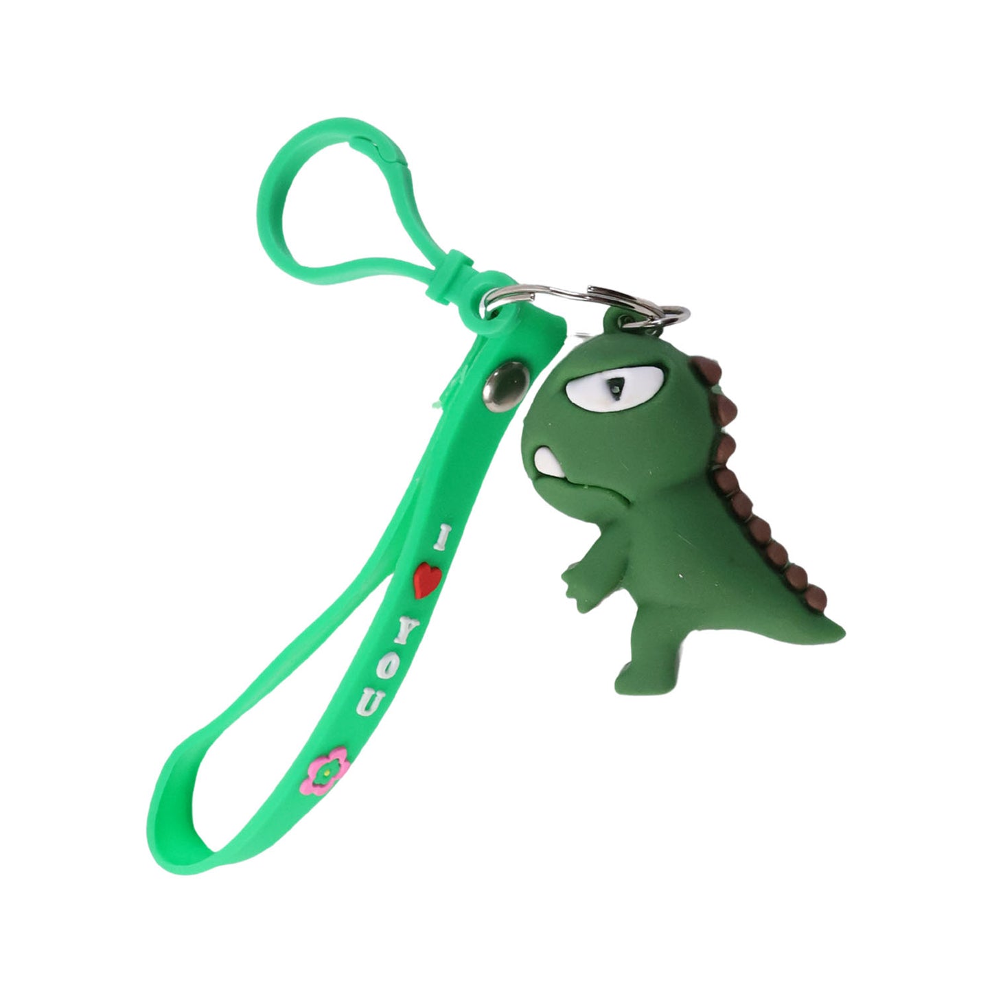 Cute dinosaur cartoon silicone keychain from Wukusy featuring a colorful, playful dinosaur design on a keyring.