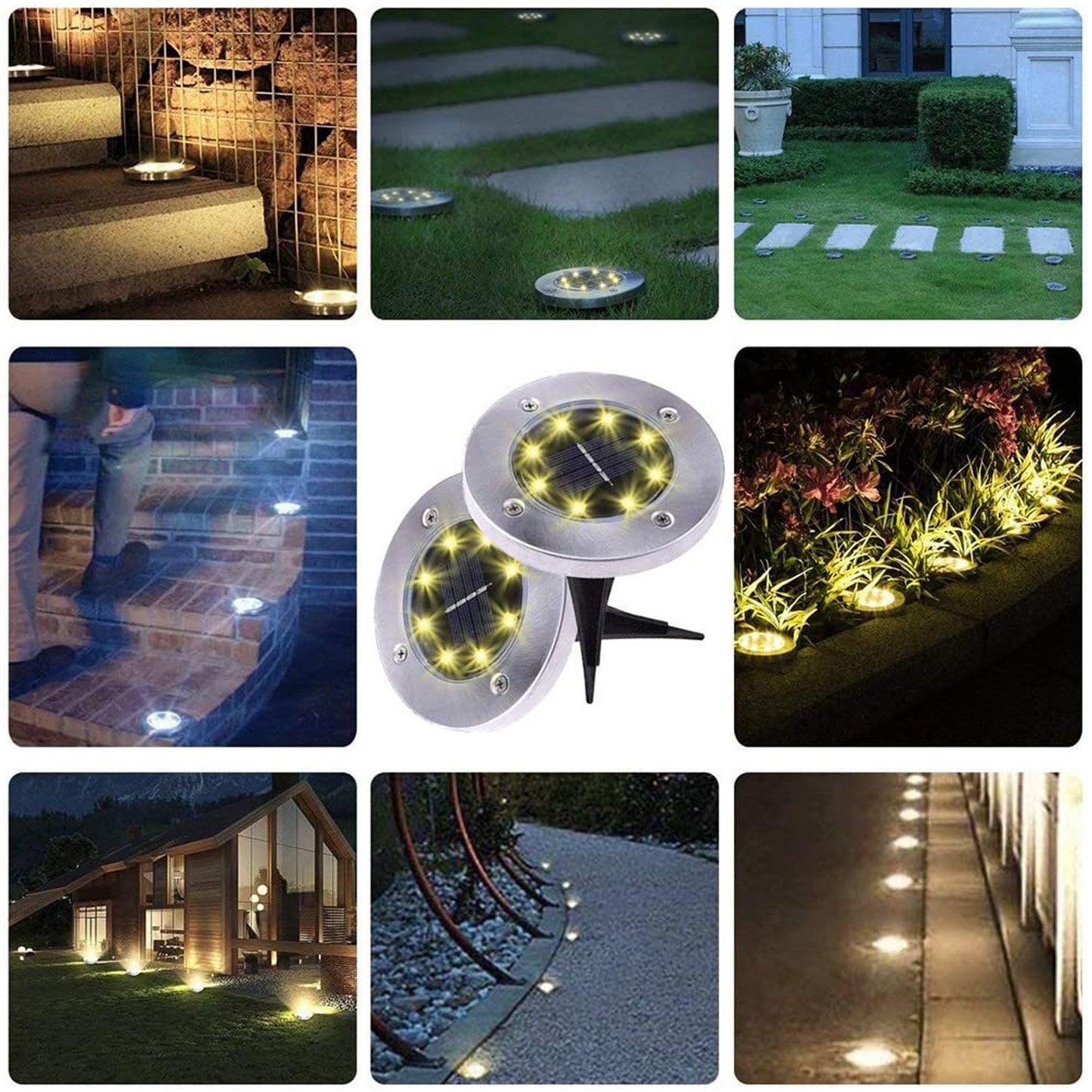 Set of four Wukusy solar-powered LED garden lights illuminating a garden pathway at dusk
