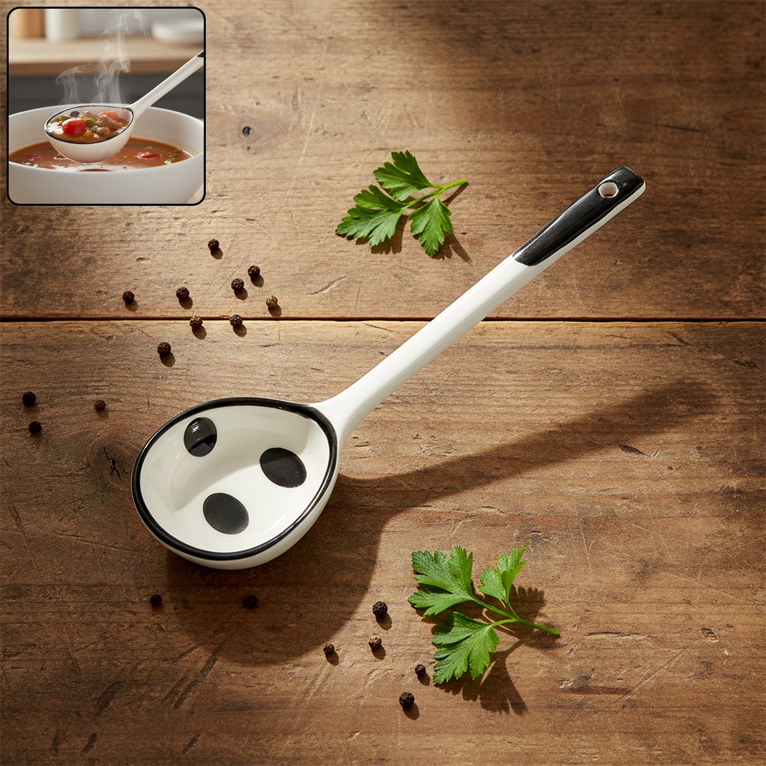 Wukusy premium 17 cm heat-resistant ceramic soup ladle with a long handle, ideal for serving hot soups and stews.