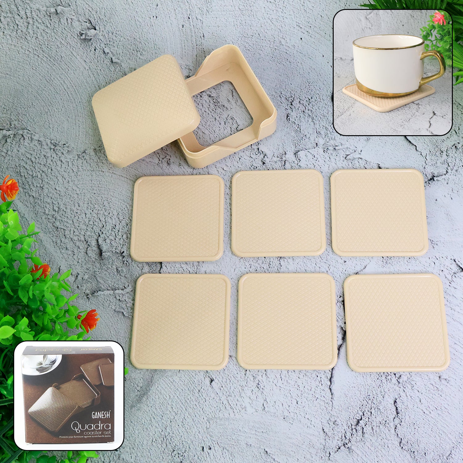 Set of six Wukusy Ganesh Premium Square Coasters with storage box, durable home & kitchen accessories for protecting surfaces.