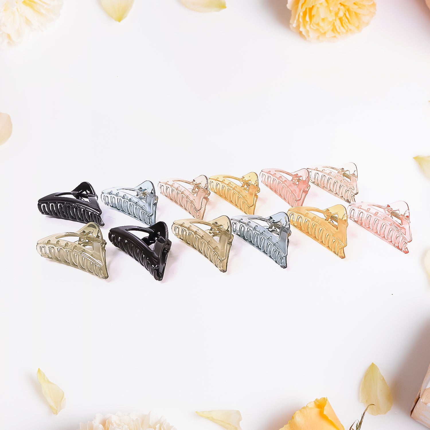 Colorful triangle-shaped plastic hair claw clip by Wukusy, durable grip for women and girls, suitable for everyday hair styling.