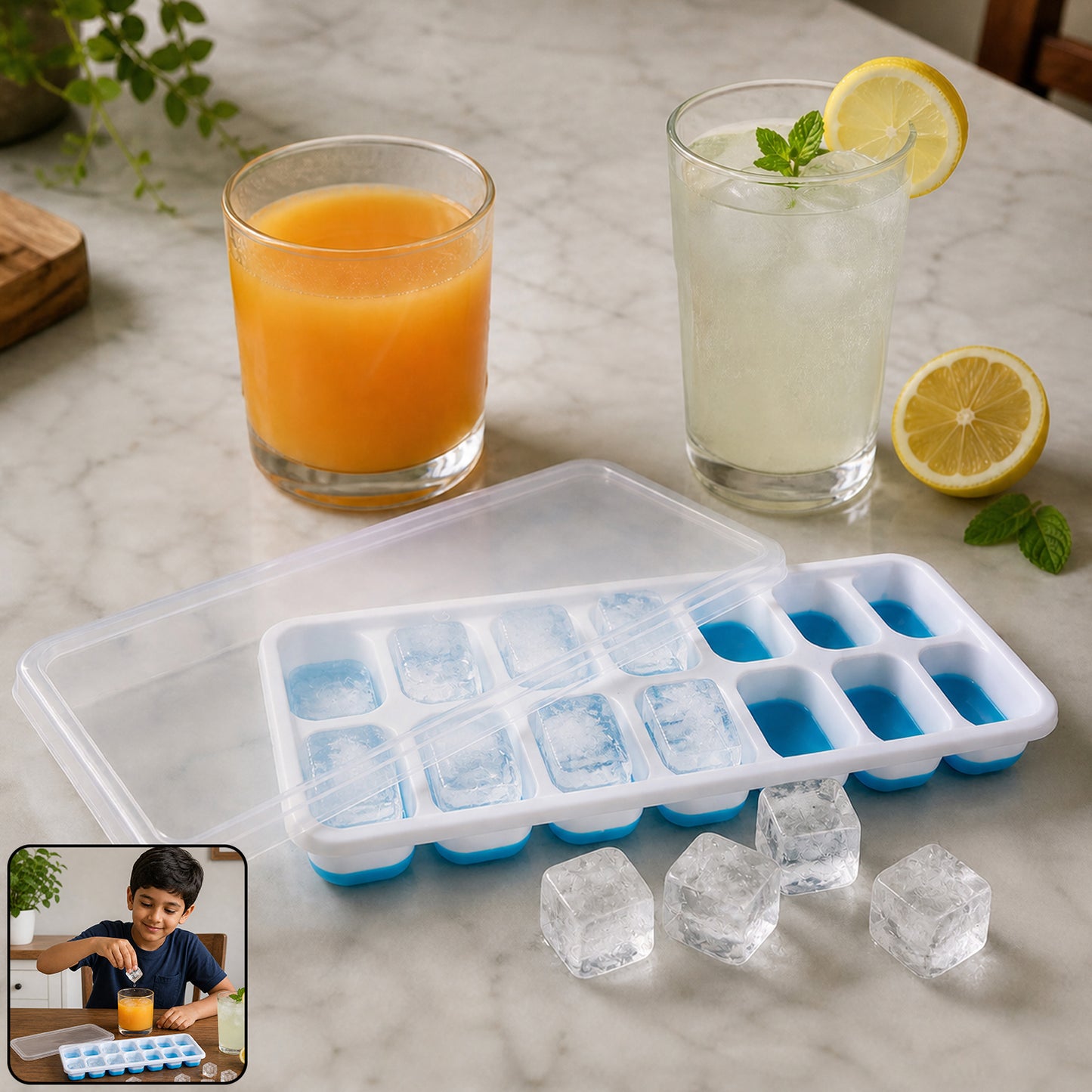 Wukusy plastic ice cube tray with lid, 14-grid, showing clear tray with ice cubes and matching lid on a kitchen countertop.