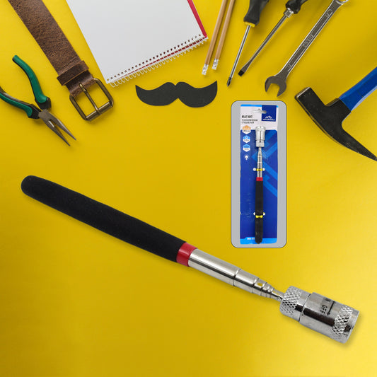 Wukusy telescopic pickup tool with magnetic tip and mini LED light for hardware repairs and retrieving metal objects.