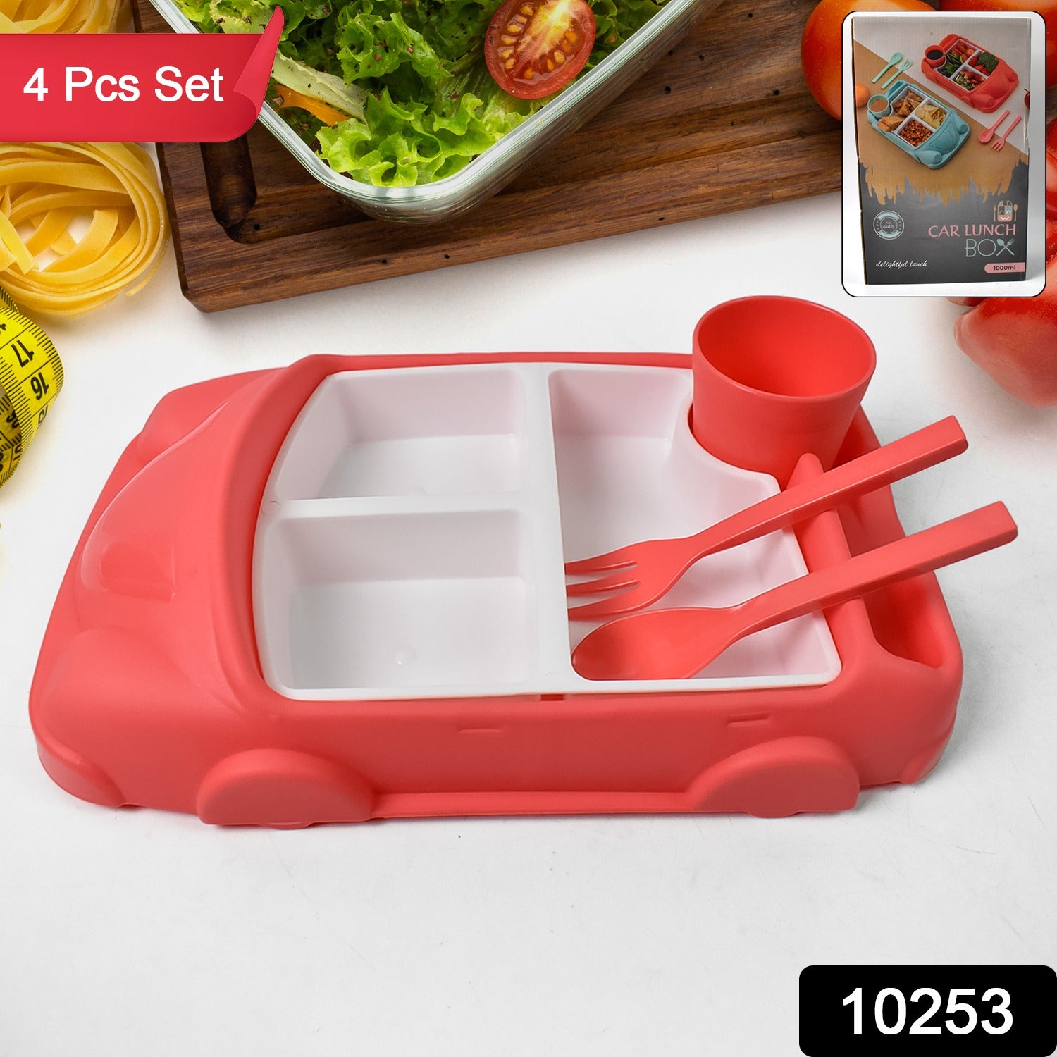Kids car-shaped plates, cup, and lunch box set by Wukusy, featuring colorful dinnerware and a 1000 ml lunch box for kids.