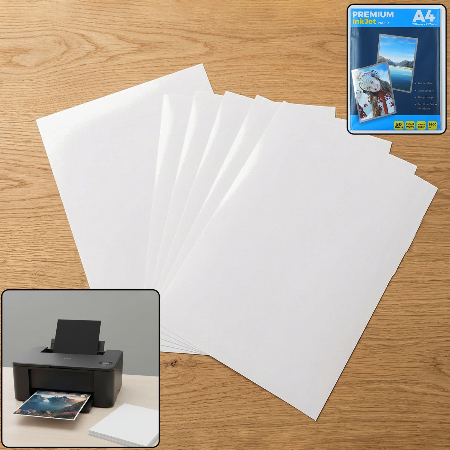 Wukusy premium A4 inkjet printing paper, 50 sheets, showing smooth white surface ready for high-quality printing.
