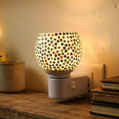 Decorative Wukusy star pattern mosaic glass plug-in night lamp with colorful glass design and warm illumination.
