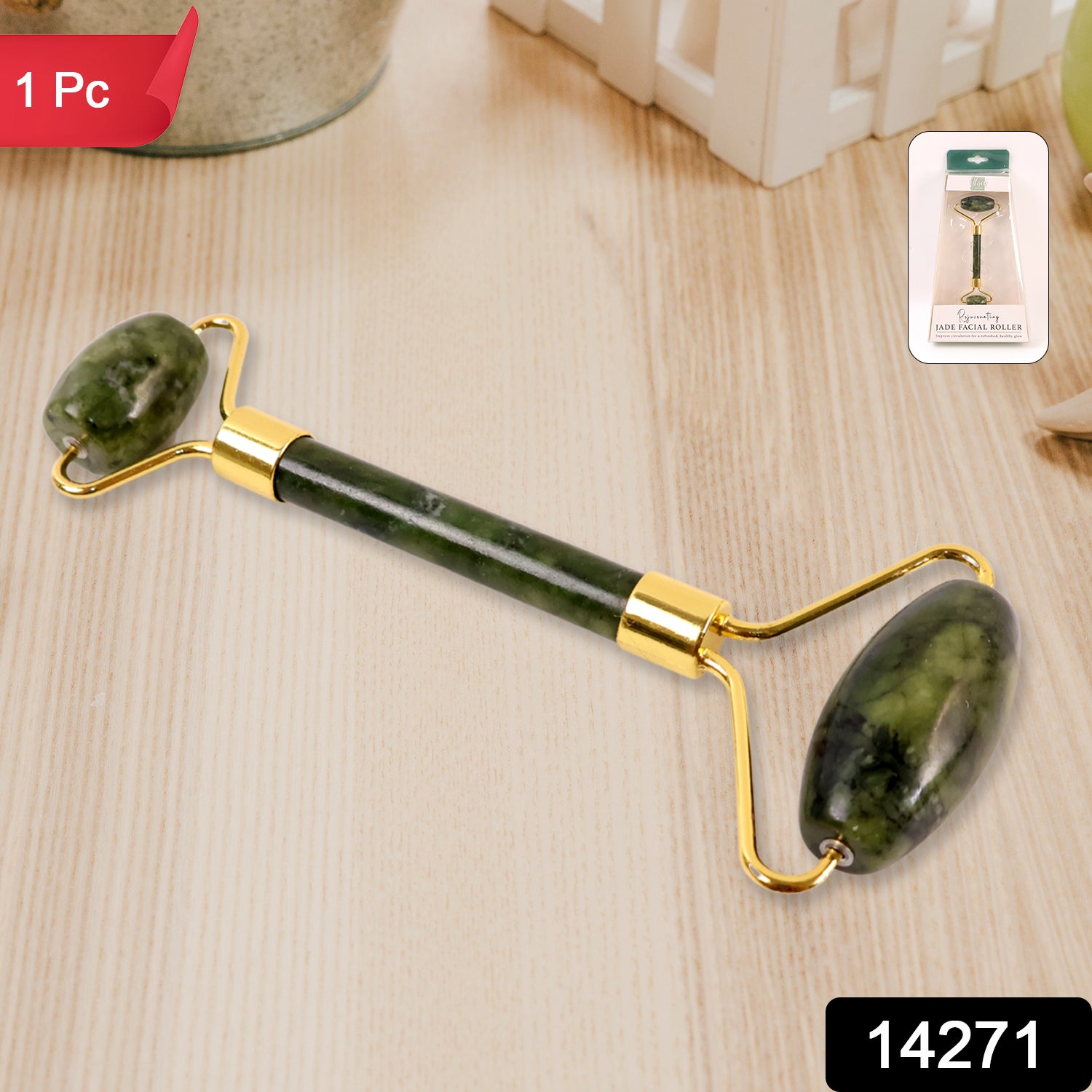 Wukusy dual-headed jade facial massage roller showing smooth jade stones and ergonomic handle for skin massage and relaxation.