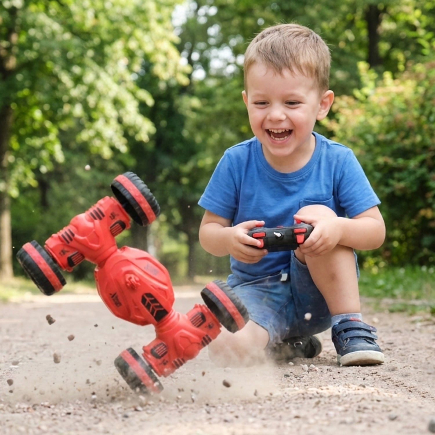Wukusy remote control stunt car with one-key deformation, shown in action with colorful design and compact size.