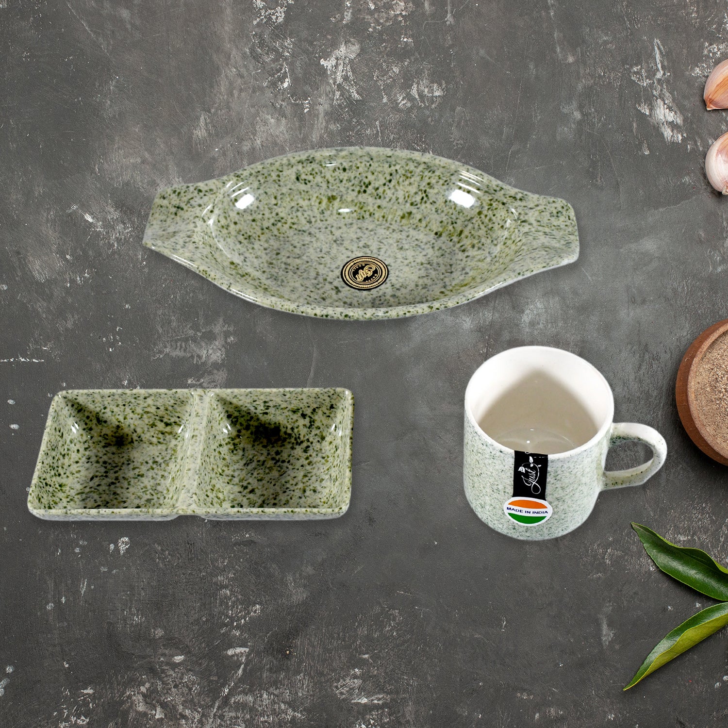 Wukusy Sunday Funday ceramic tea cups with plastic snacks platter and two-compartment chutney bowl, ideal for breakfast or outdoor use.