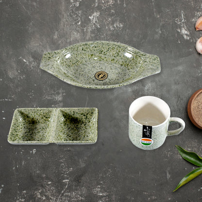Wukusy Sunday Funday ceramic tea cups with plastic snacks platter and two-compartment chutney bowl, ideal for breakfast or outdoor use.
